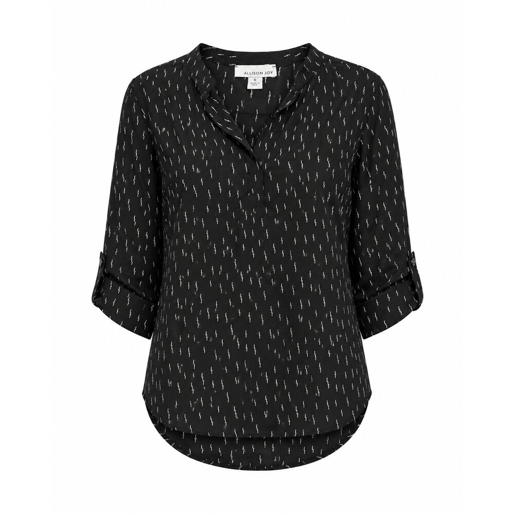 Allison Joy Blouse Women's Small Black White Print Roll Tab Sleeve Made USA